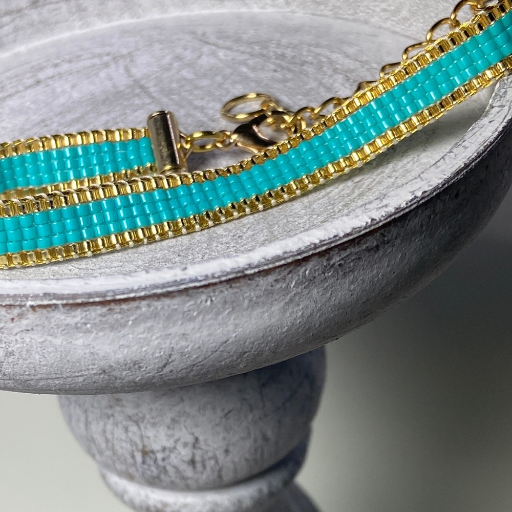 Teal and Gold  loom-beaded bracelet Miyuki Delica seed beads - Picture 4 of 9